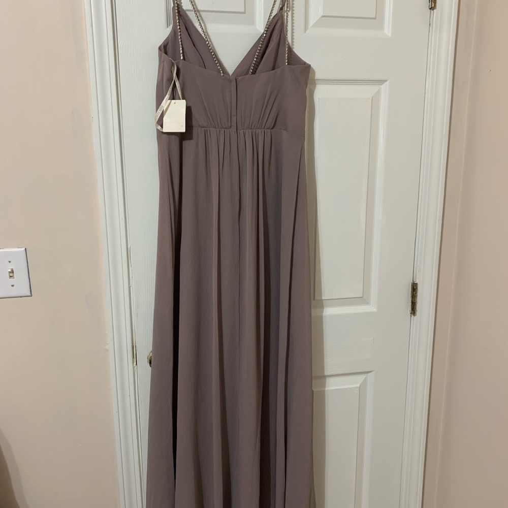 David's Bridal Mauve Taupe Maxi Dress with Beaded Straps